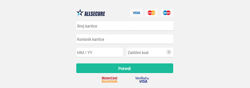 Forma za unos podataka sa kartice “ugrađena” na vaš sajt